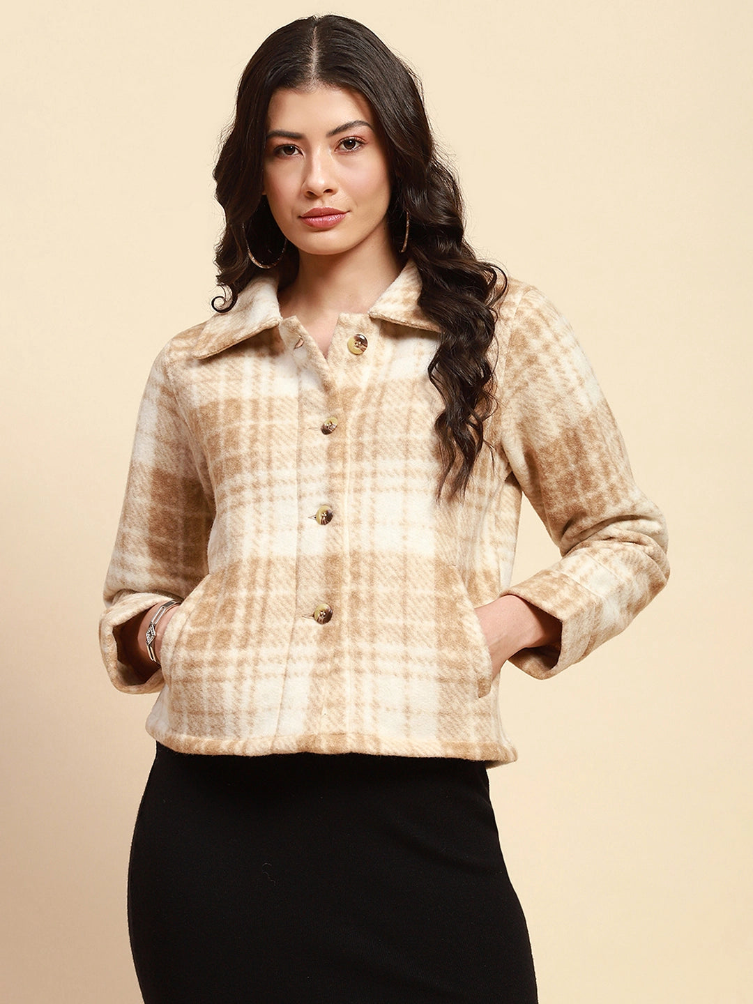 Camel Poly Blend Relaxed Fit Jacket For Women