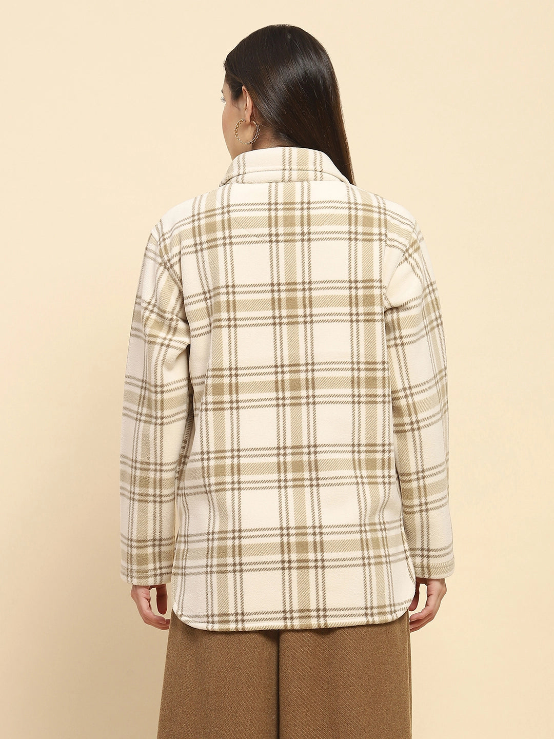 Natural Poly Blend Checkered Relaxed Fit Shacket For Winter