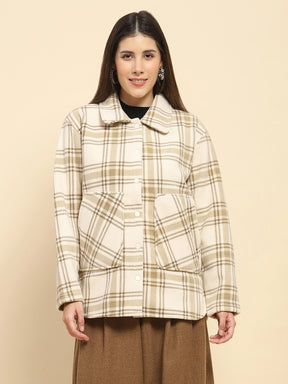 Natural Poly Blend Checkered Relaxed Fit Shacket For Winter