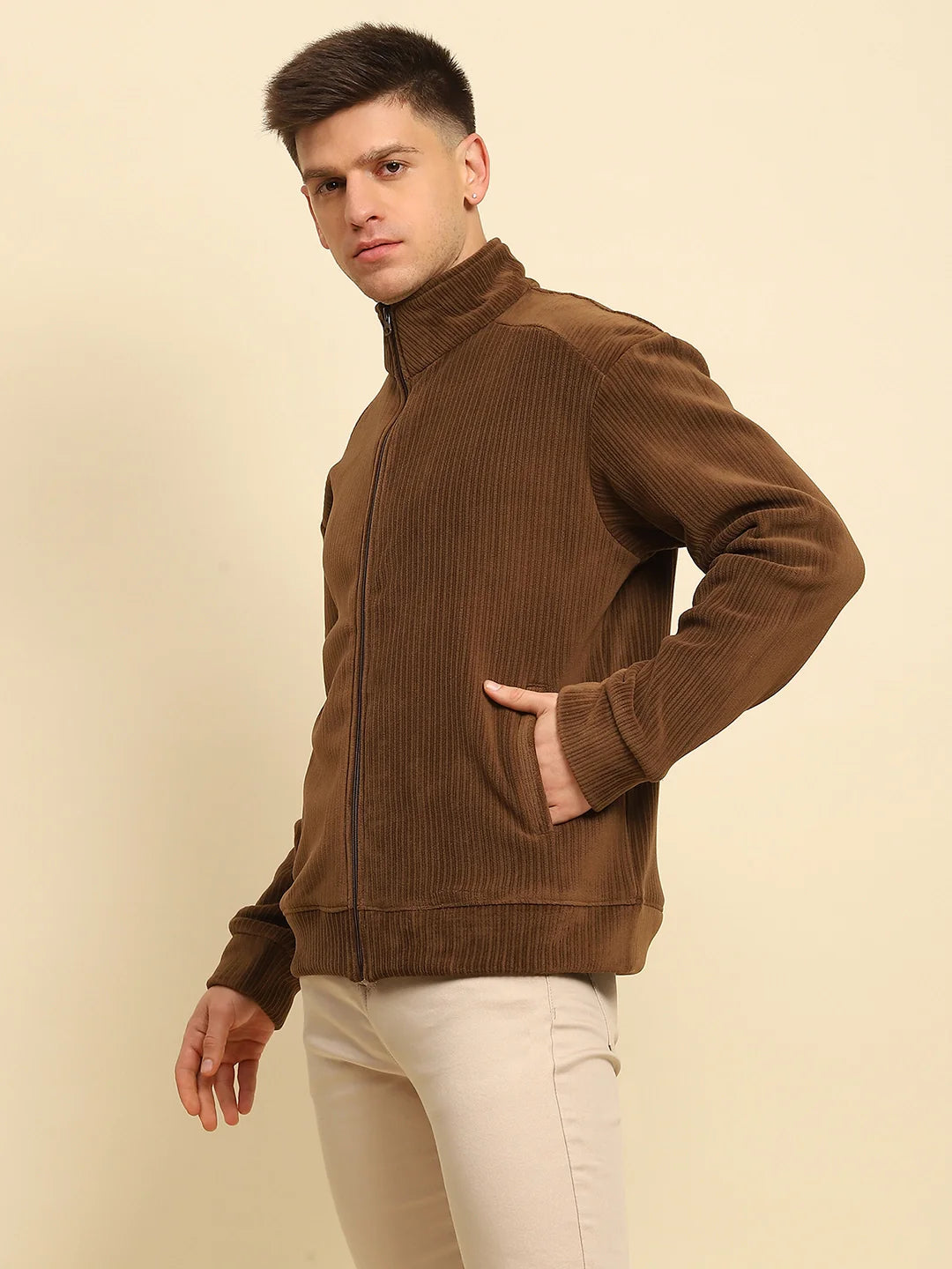 Coffee Poly Blend Solid Regular Fit Jacket