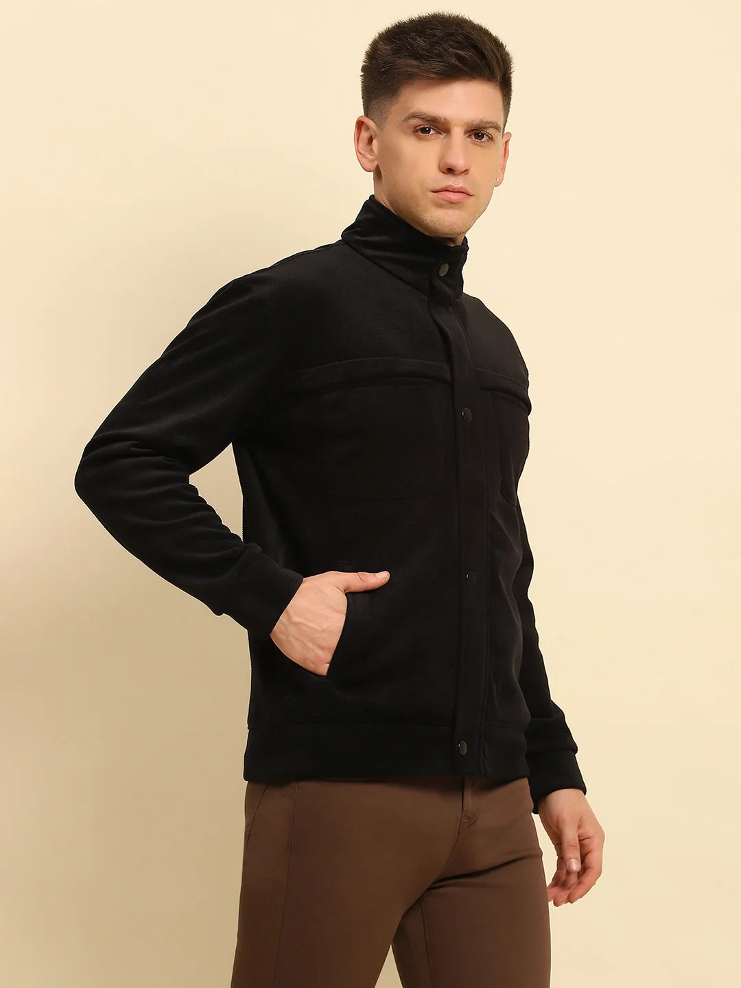 Black Ploy Blend Textured Regular Fit Jacket