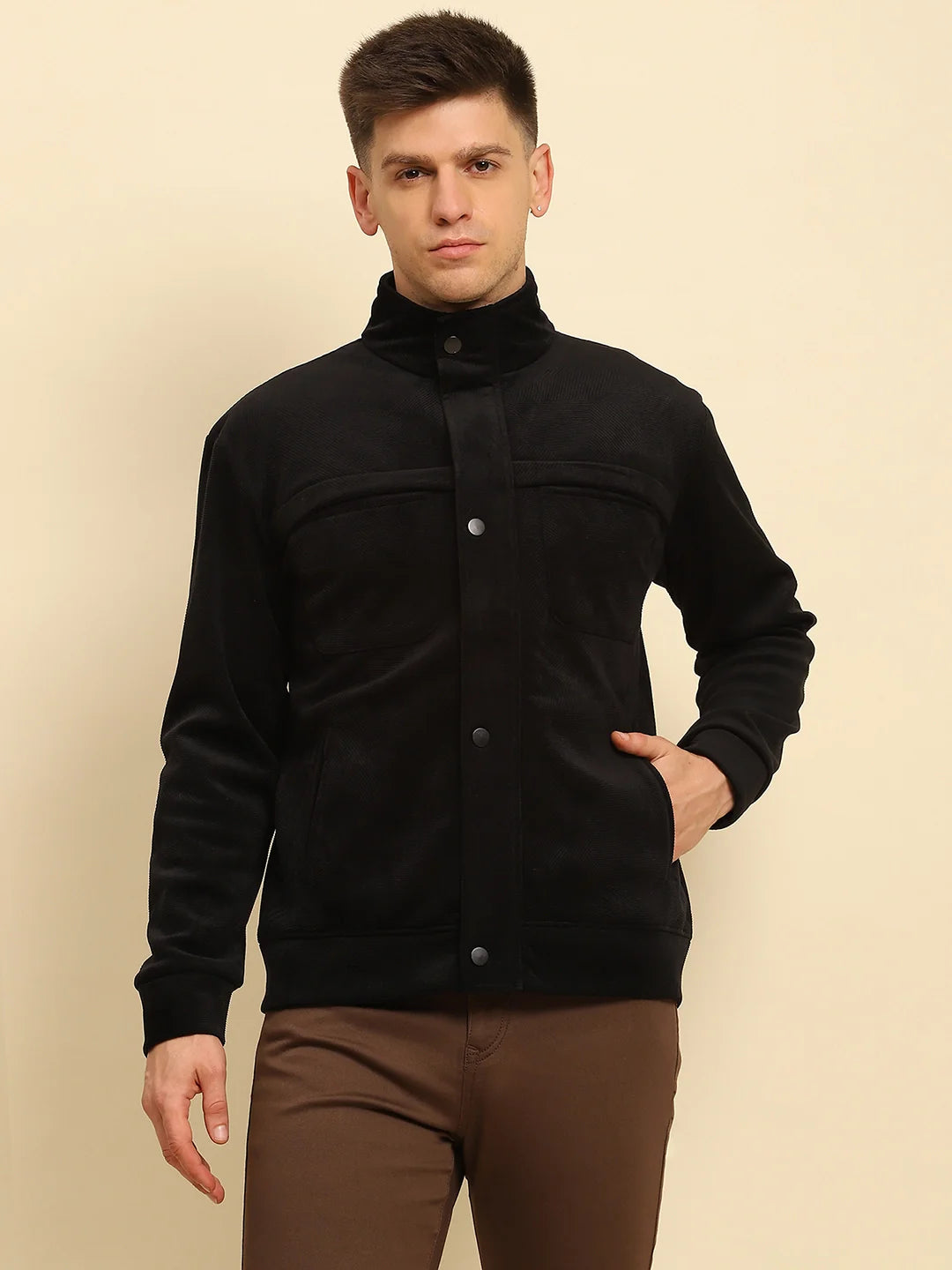 Black Ploy Blend Textured Regular Fit Jacket