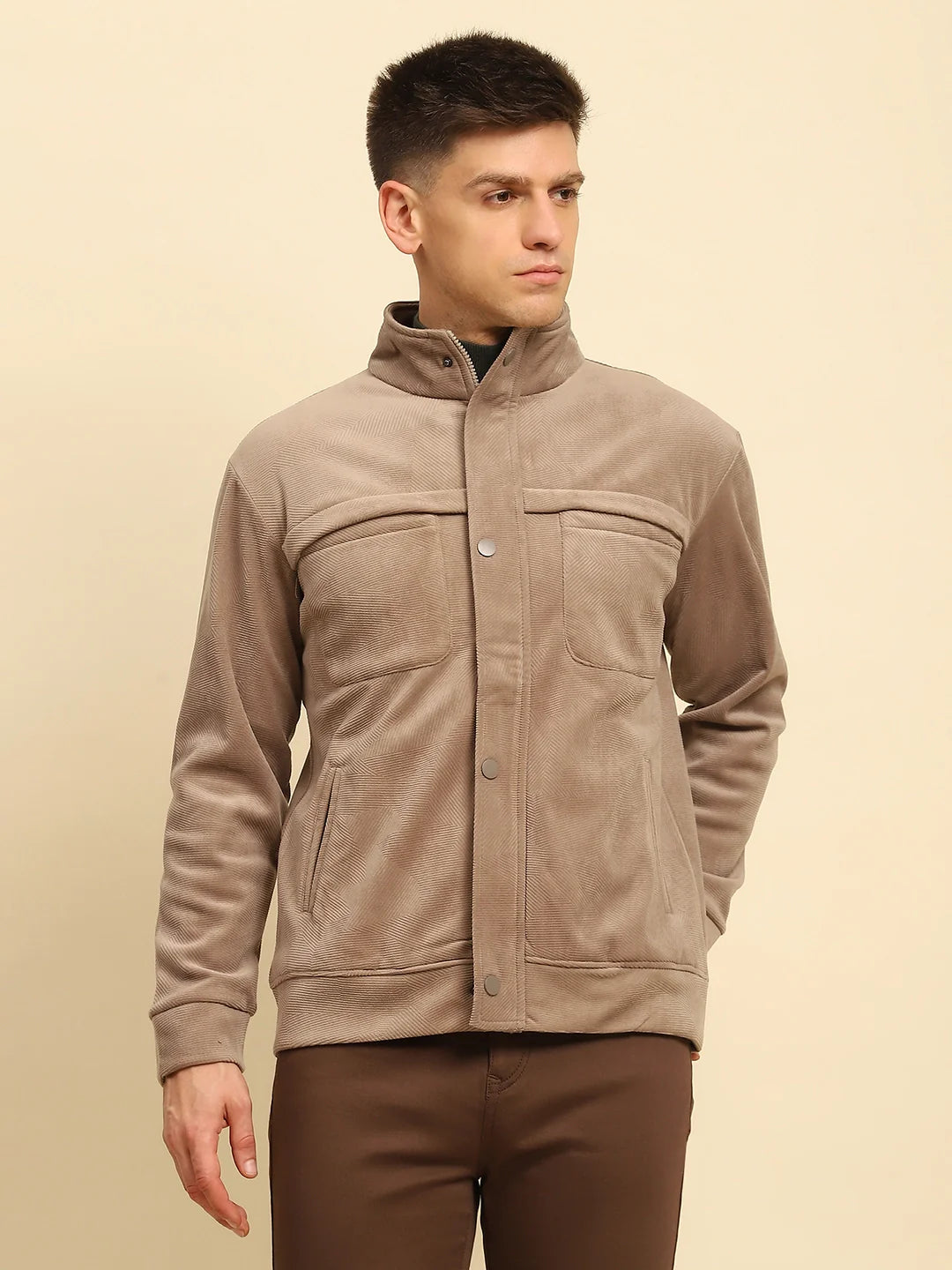 Tan Ploy Blend Textured Regular Fit Jacket