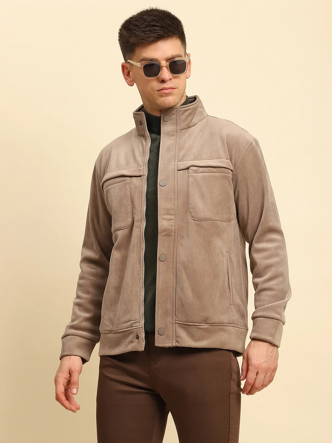 Tan Ploy Blend Textured Regular Fit Jacket