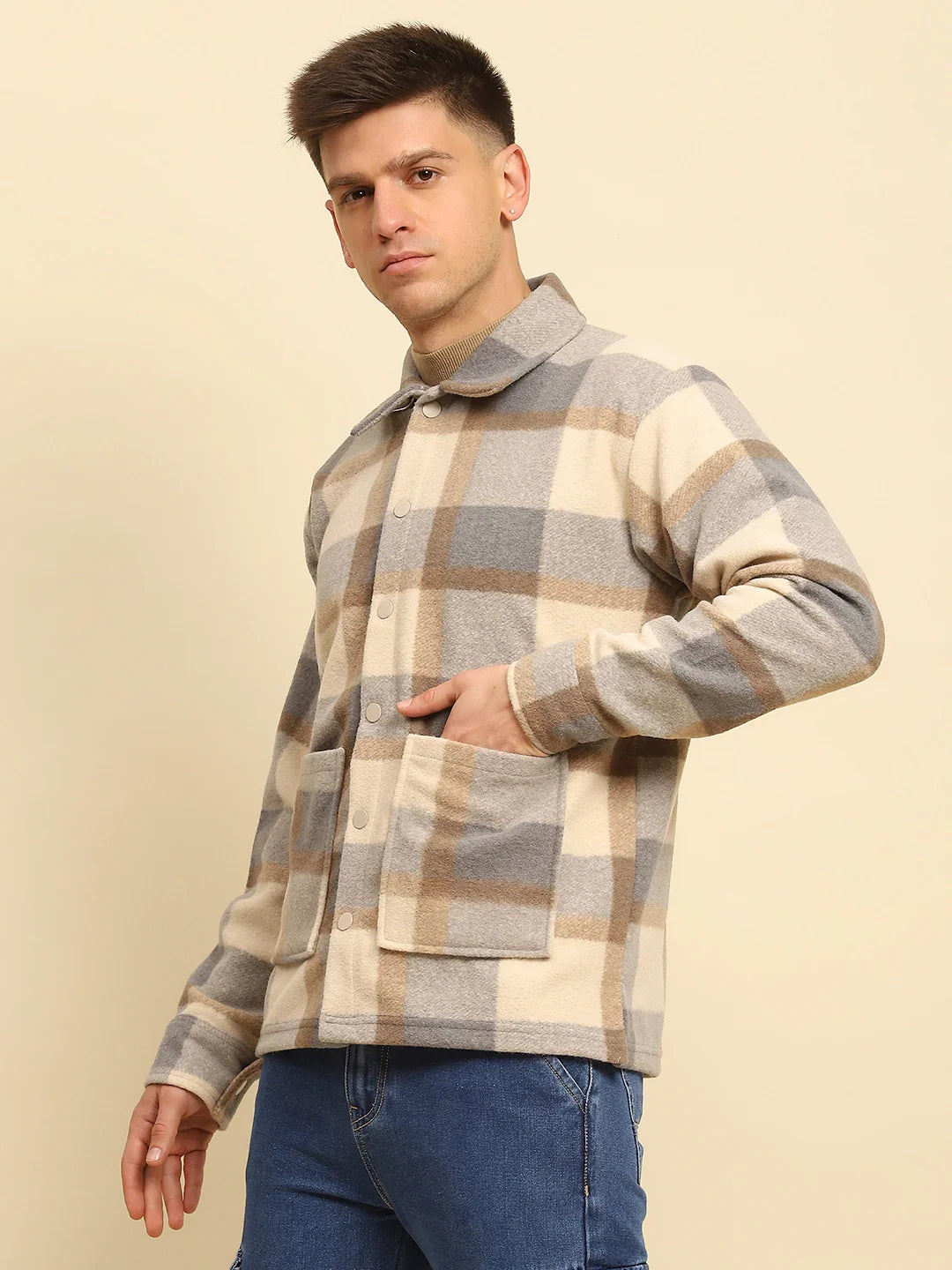 Fawn Check Ploy Blend Checkered Relaxed Fit Shacket