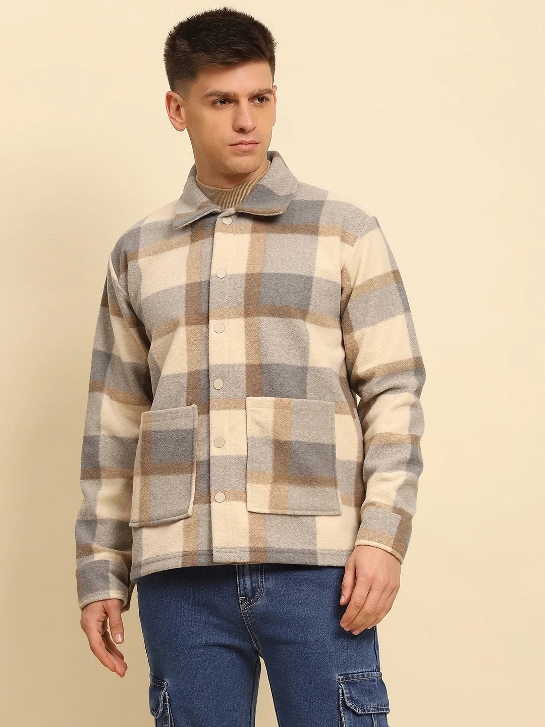 Fawn Check Ploy Blend Checkered Relaxed Fit Shacket