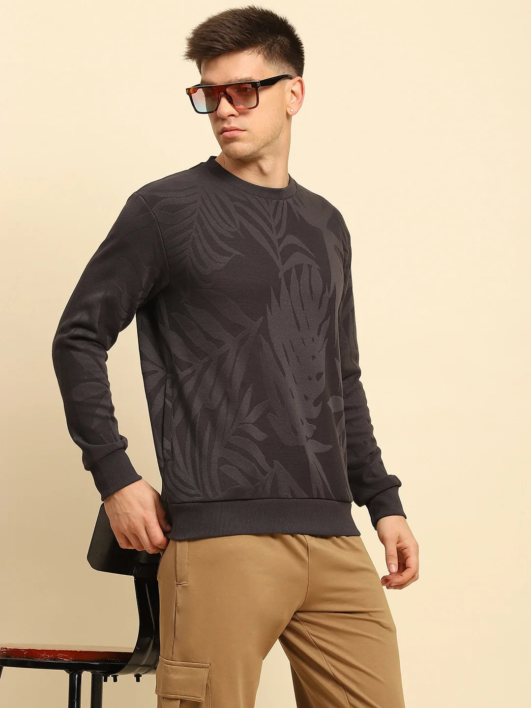 Dark Grey Ploy Blend Textured Regular Fit Sweatshirt