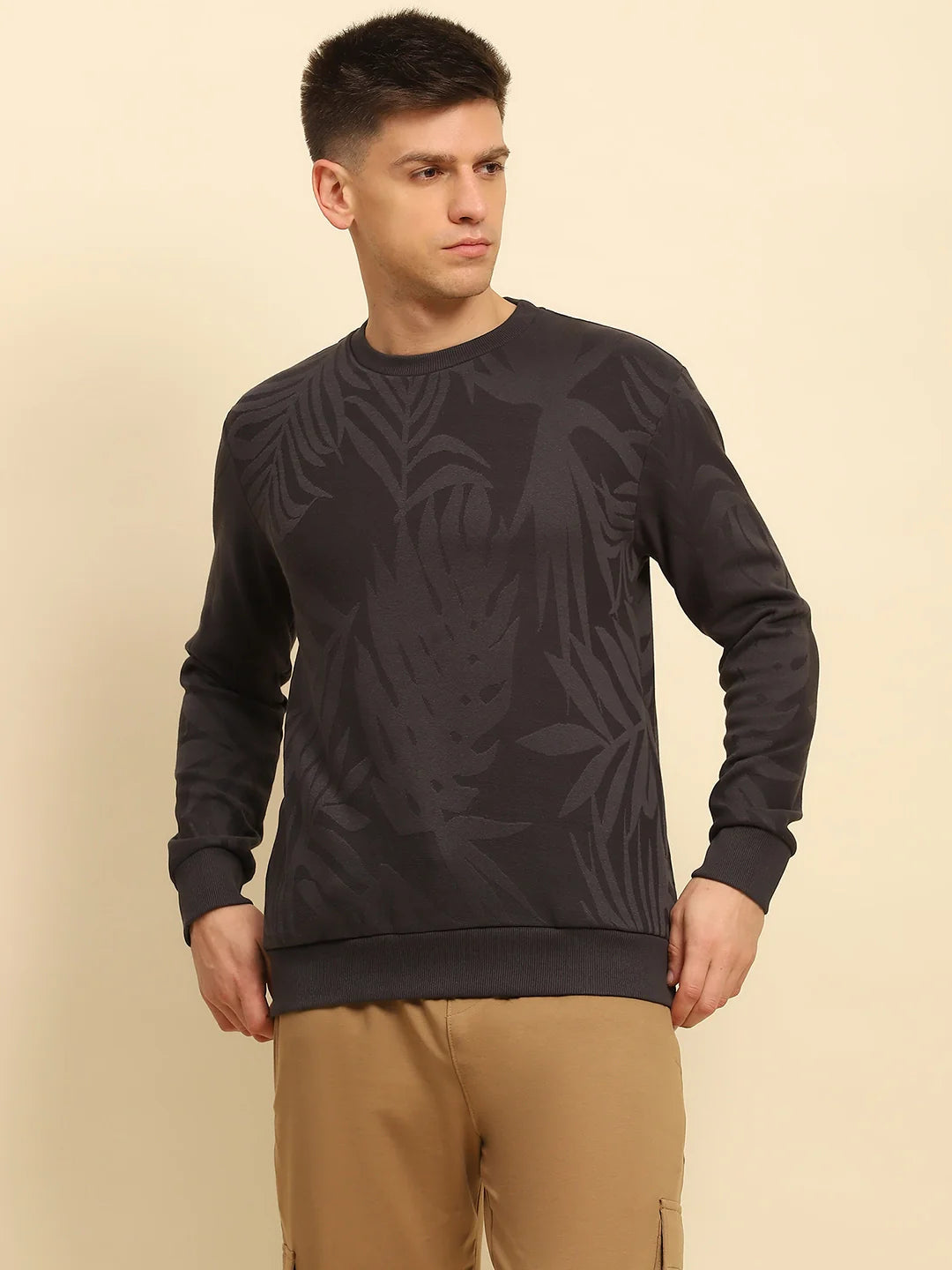 Dark Grey Ploy Blend Textured Regular Fit Sweatshirt