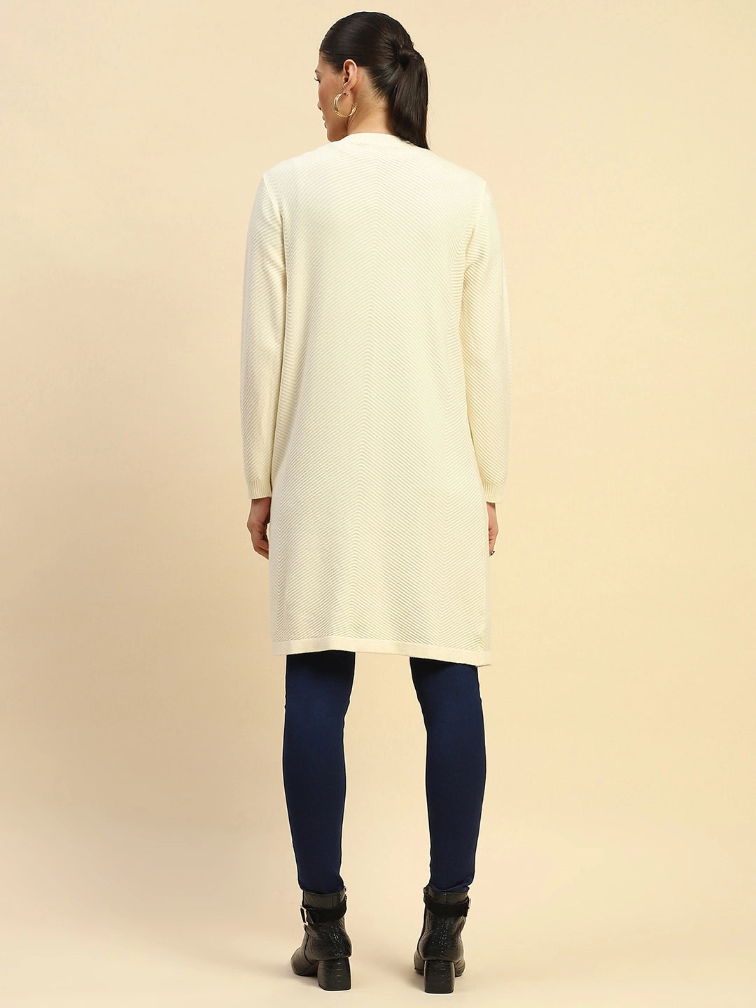 Off White Poly Viscose Loose Fit Winter Shrug For Women