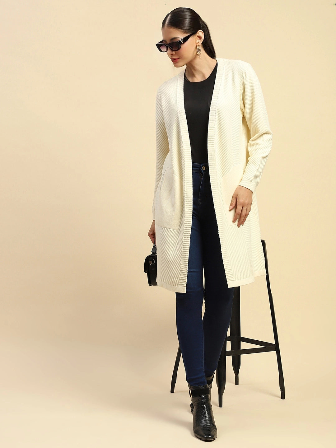 Off White Poly Viscose Loose Fit Winter Shrug For Women