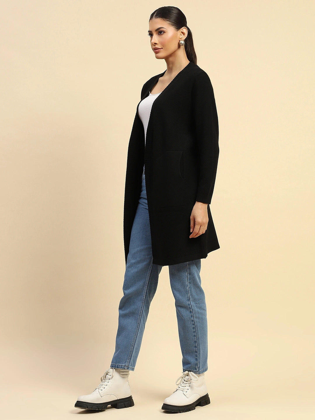 Black Poly Viscose Loose Fit Winter Shrug For Women