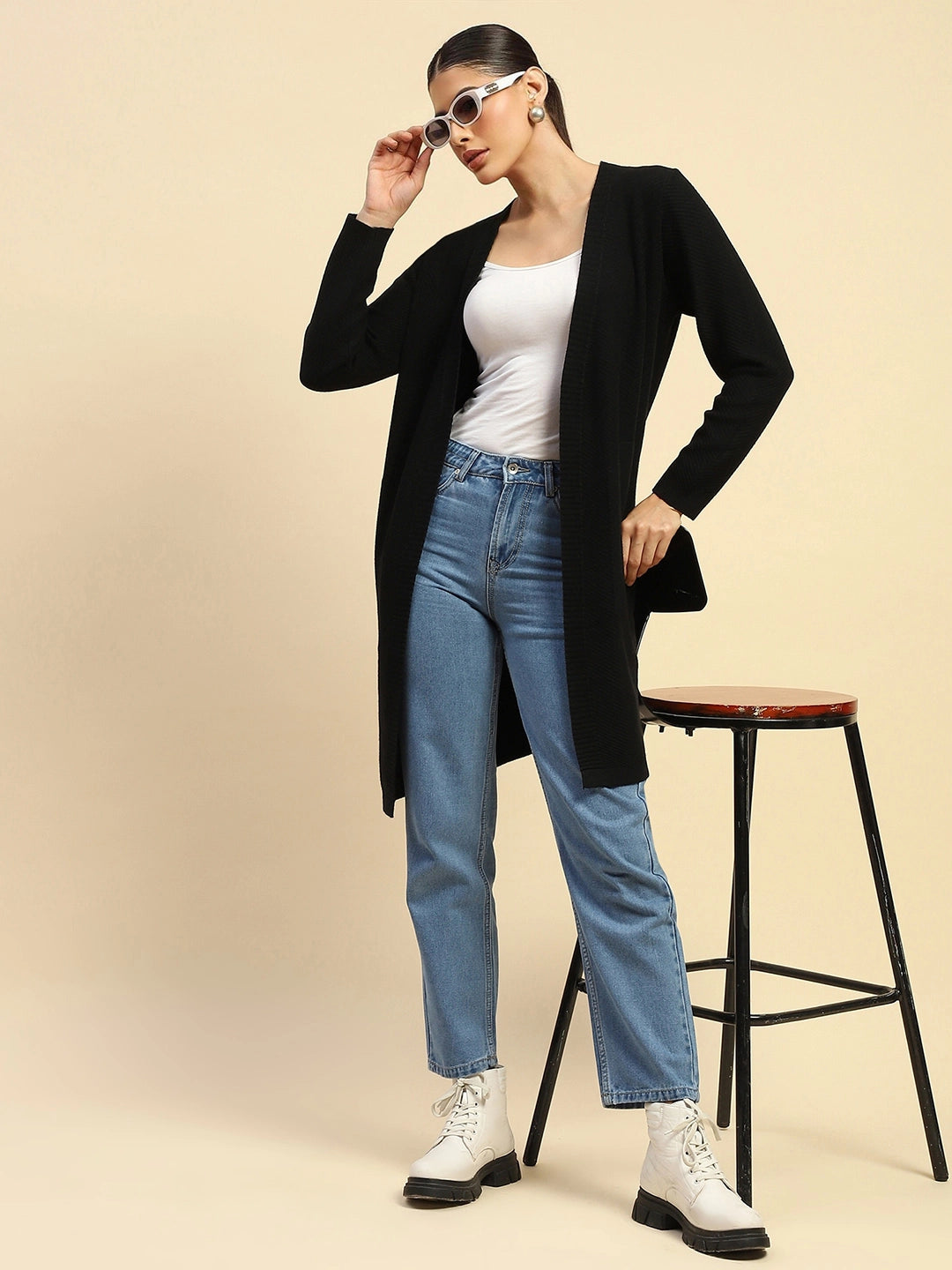 Black Poly Viscose Loose Fit Winter Shrug For Women