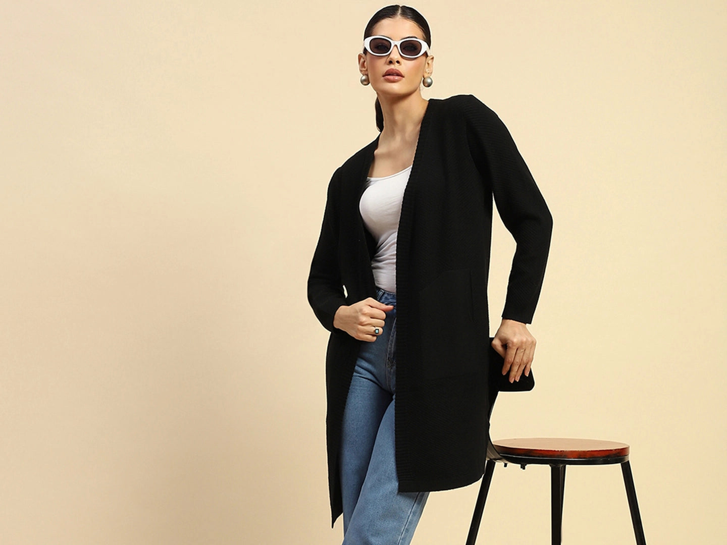 Black Poly Viscose Loose Fit Winter Shrug For Women