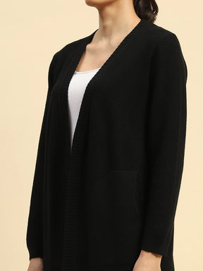 Black Poly Viscose Loose Fit Winter Shrug For Women