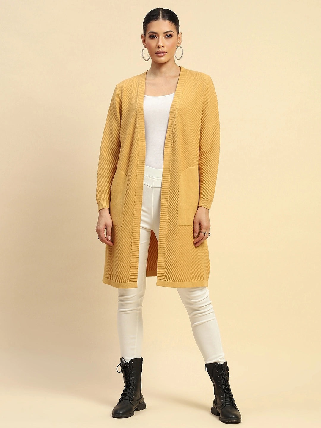 Mustard Poly Viscose Loose Fit Winter Shrug For Women