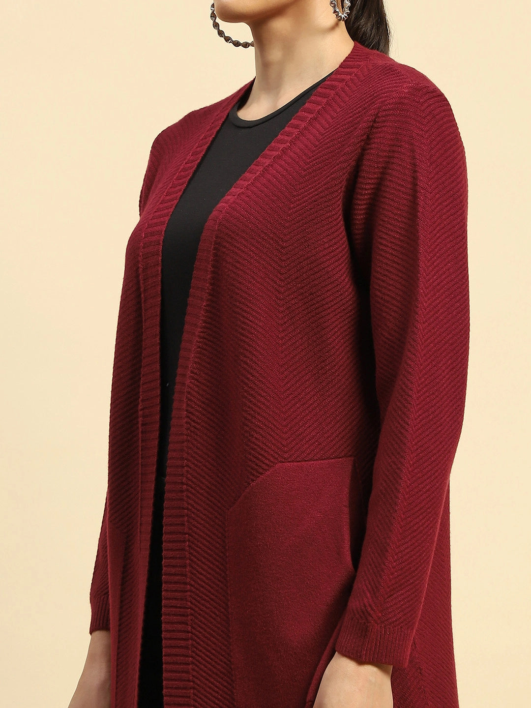 Wine Poly Viscose Loose Fit Winter Shrug For Women