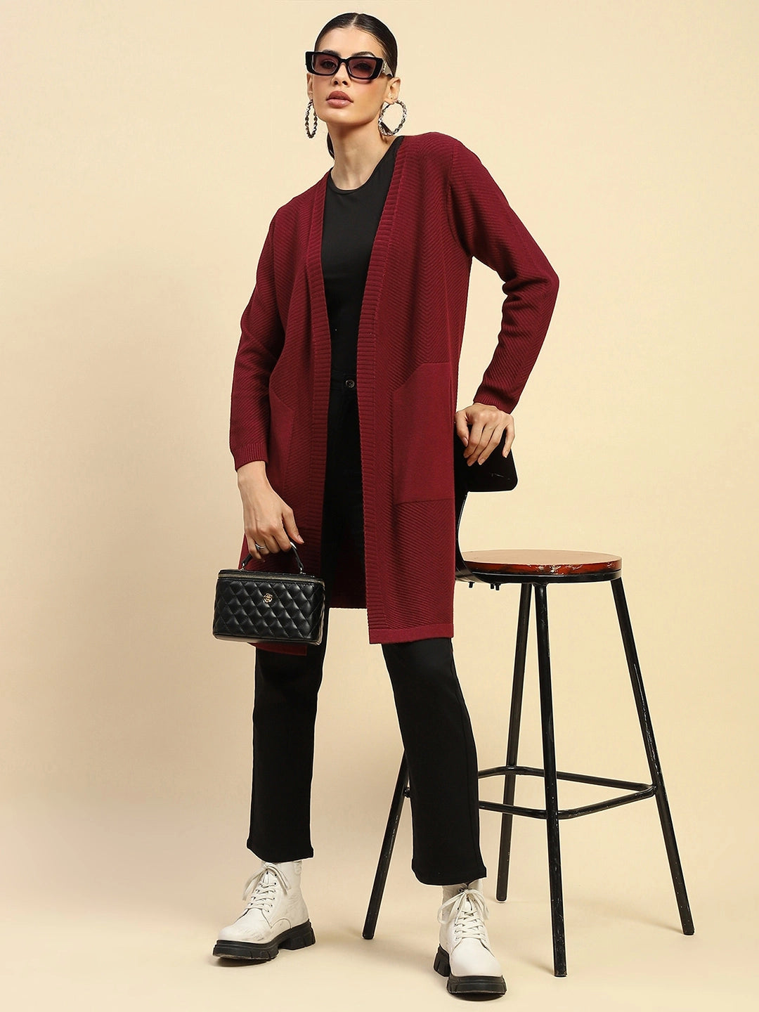 Wine Poly Viscose Loose Fit Winter Shrug For Women