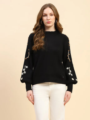 Black Embroidered Viscose Relaxed Fit Pullover