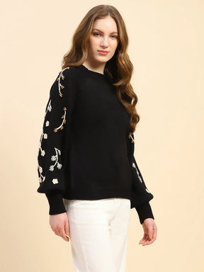 Black Embroidered Viscose Relaxed Fit Pullover