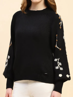 Black Embroidered Viscose Relaxed Fit Pullover