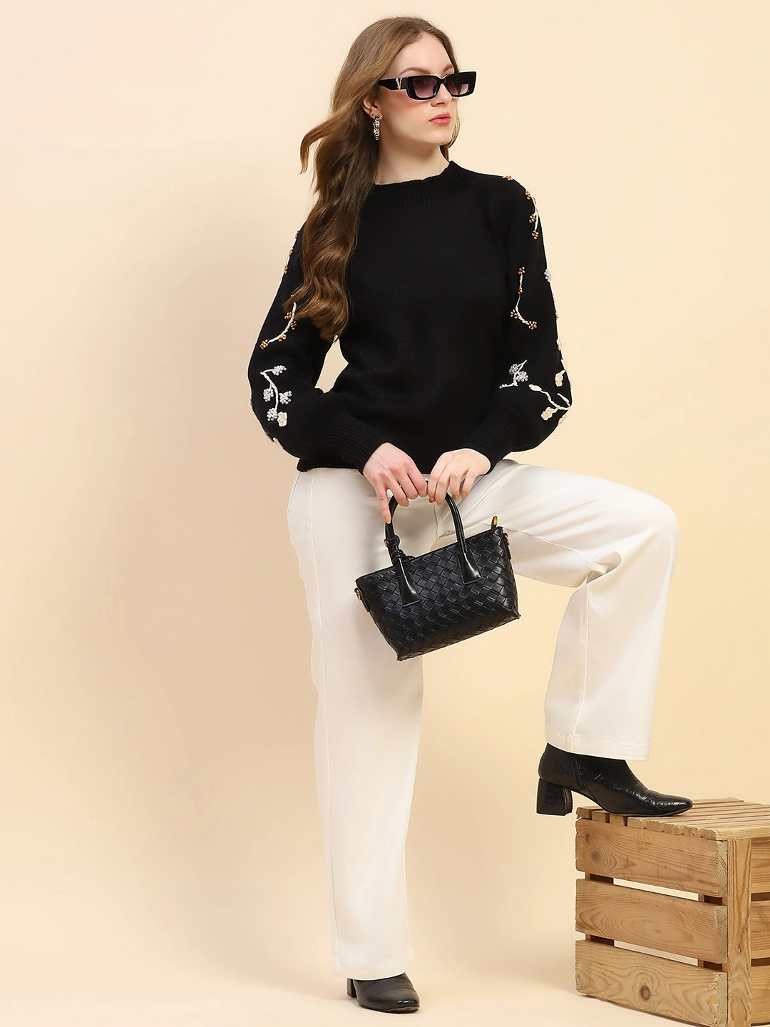 Black Embroidered Viscose Relaxed Fit Pullover