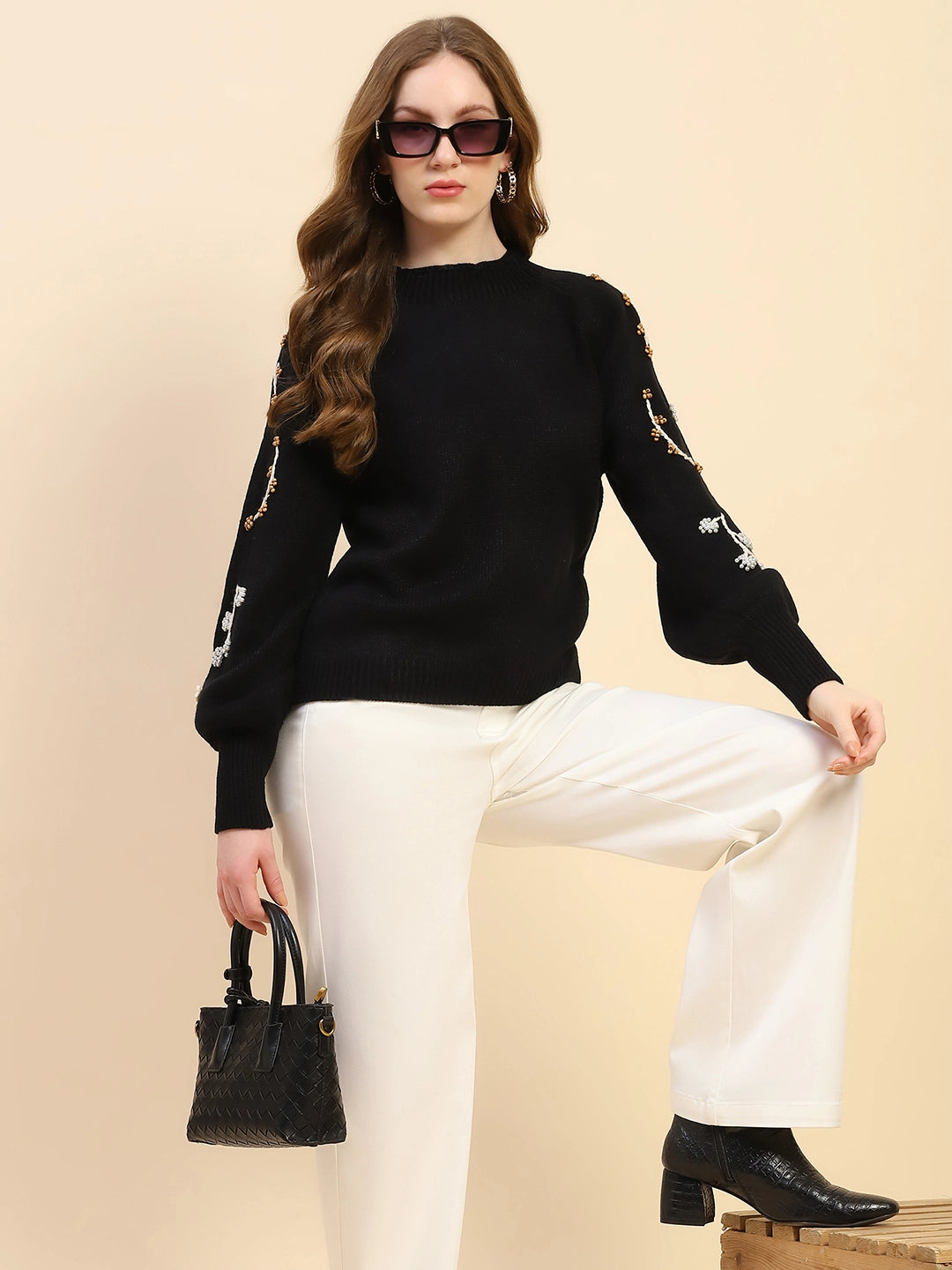 Black Embroidered Viscose Relaxed Fit Pullover