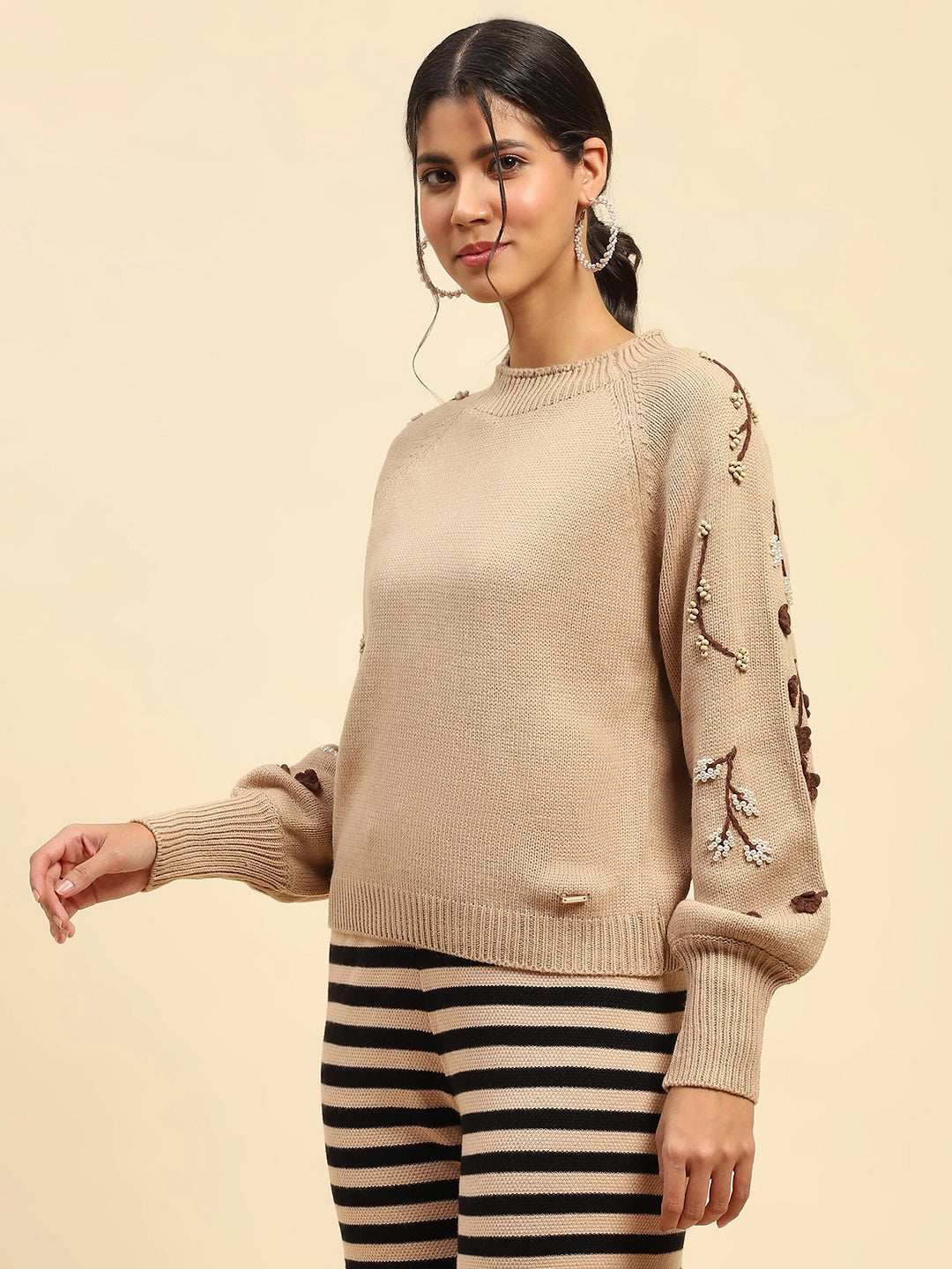 Khaki Embroidered Viscose Relaxed Fit Pullover