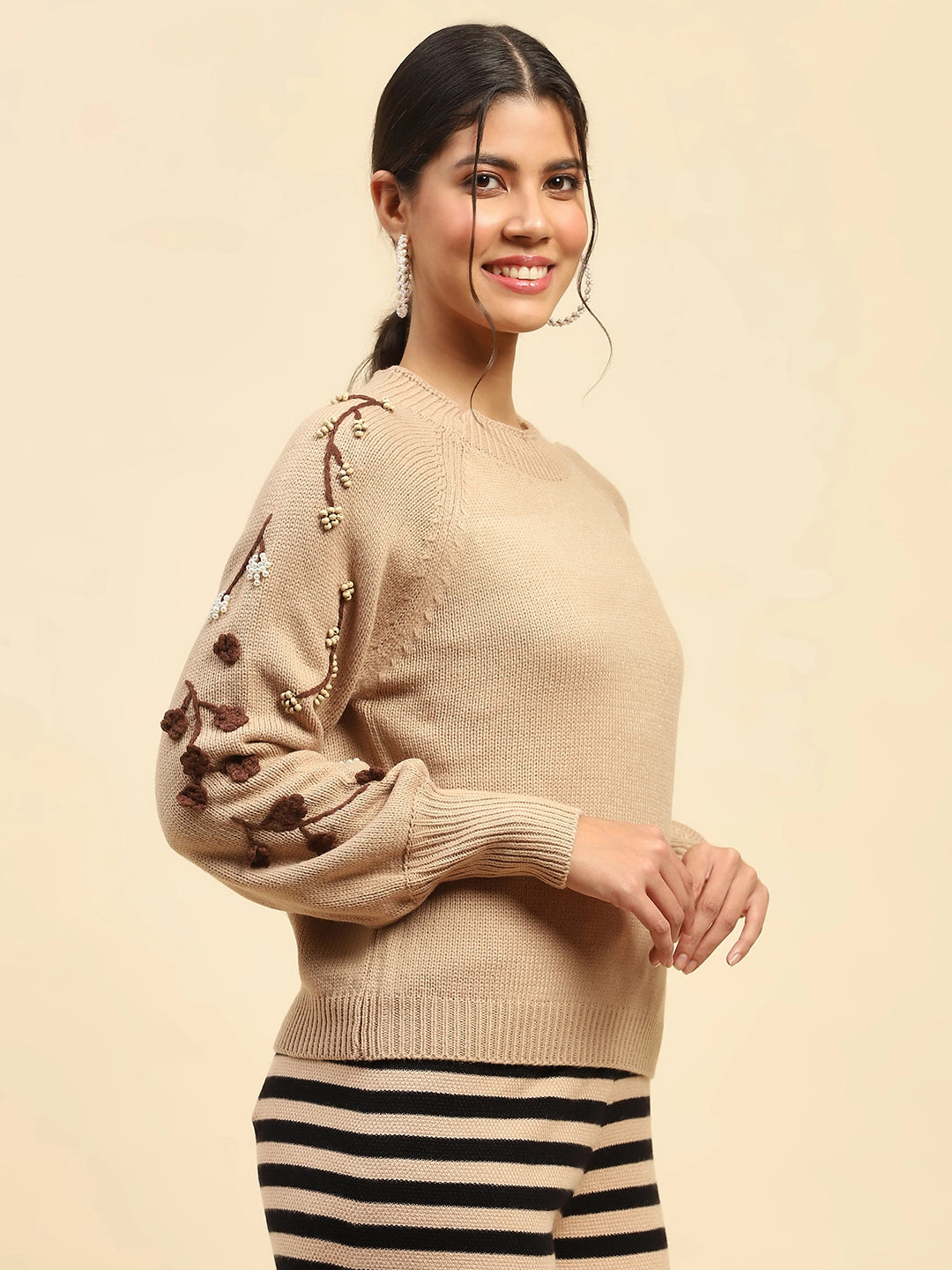 Khaki Embroidered Viscose Relaxed Fit Pullover