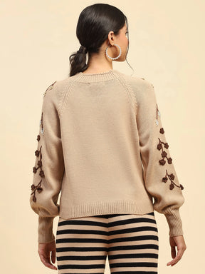 Khaki Embroidered Viscose Relaxed Fit Pullover