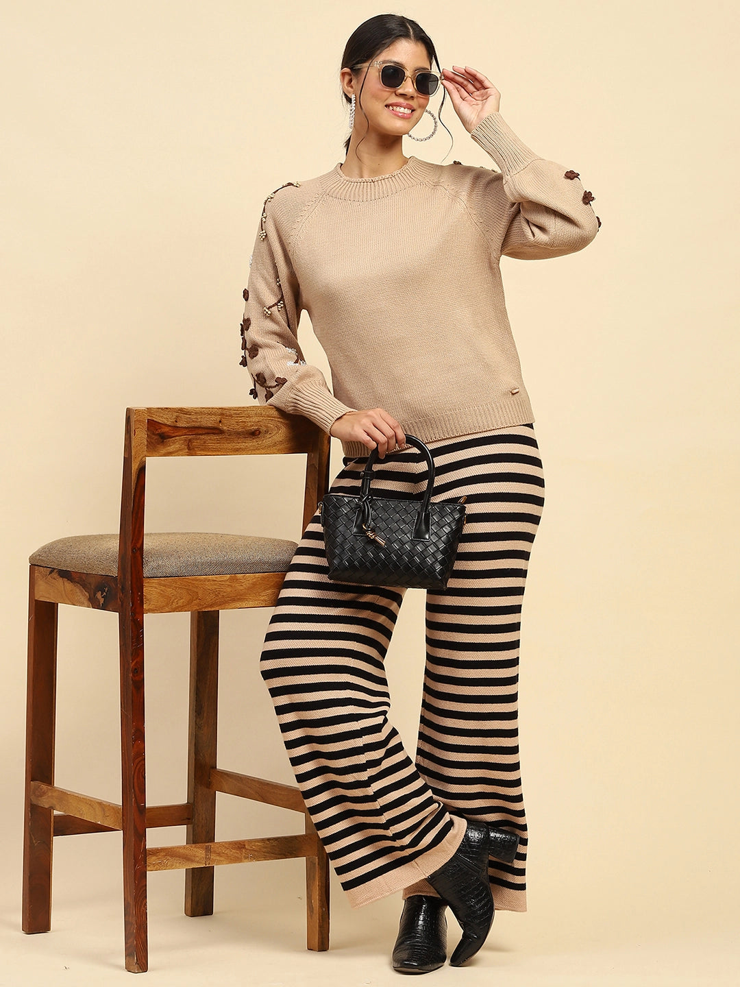 Khaki Embroidered Viscose Relaxed Fit Pullover