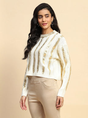 Off White Viscose Boxy Fit Top For Winter