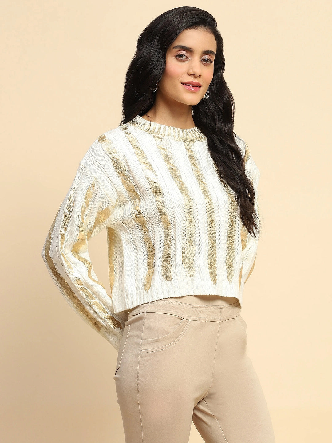 Off White Viscose Boxy Fit Top For Winter