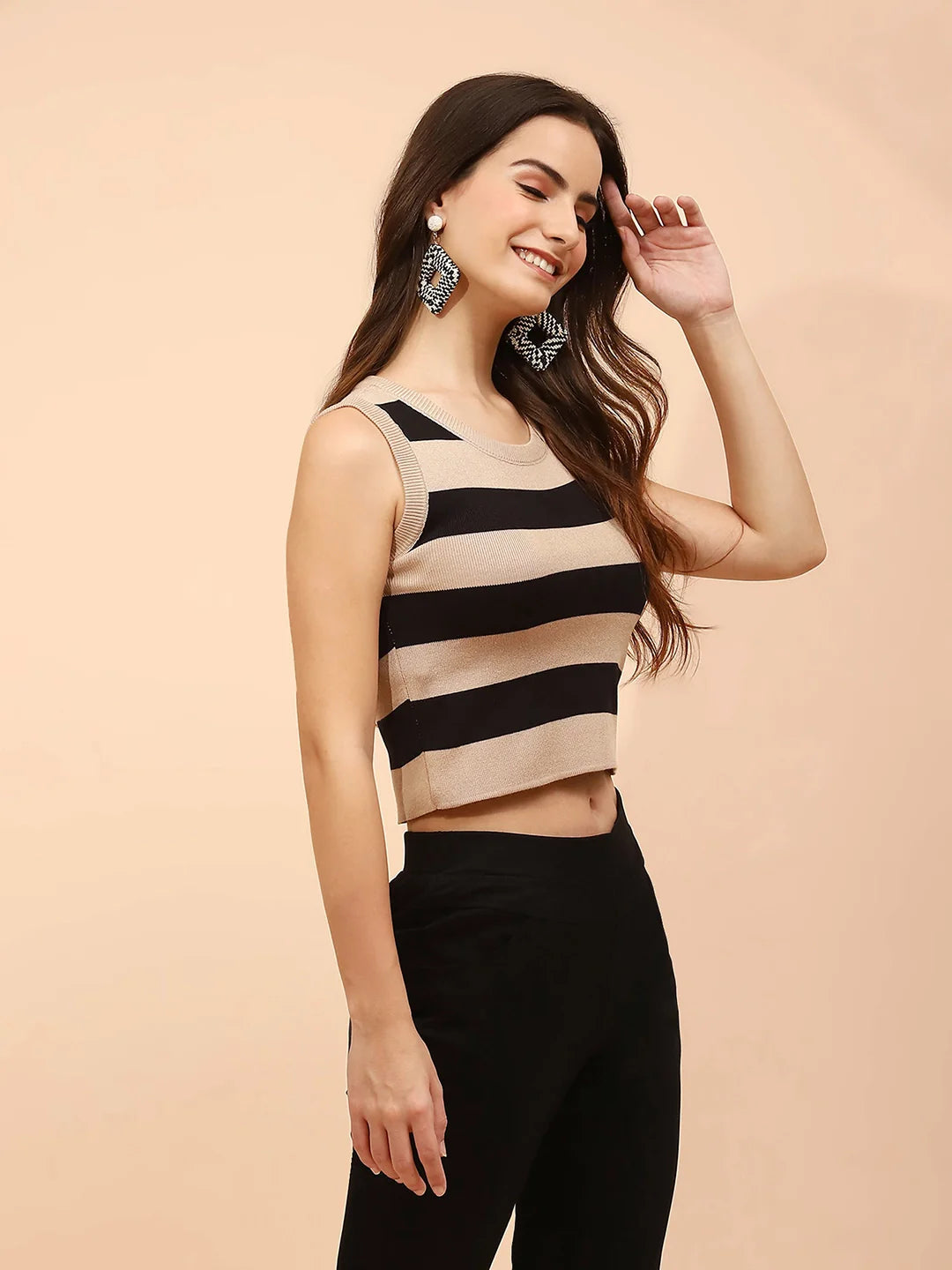 Black Viscose Slim Fit Striped Top