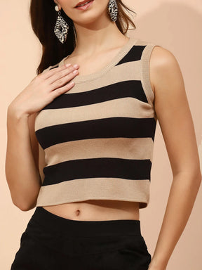 Black Viscose Slim Fit Striped Top