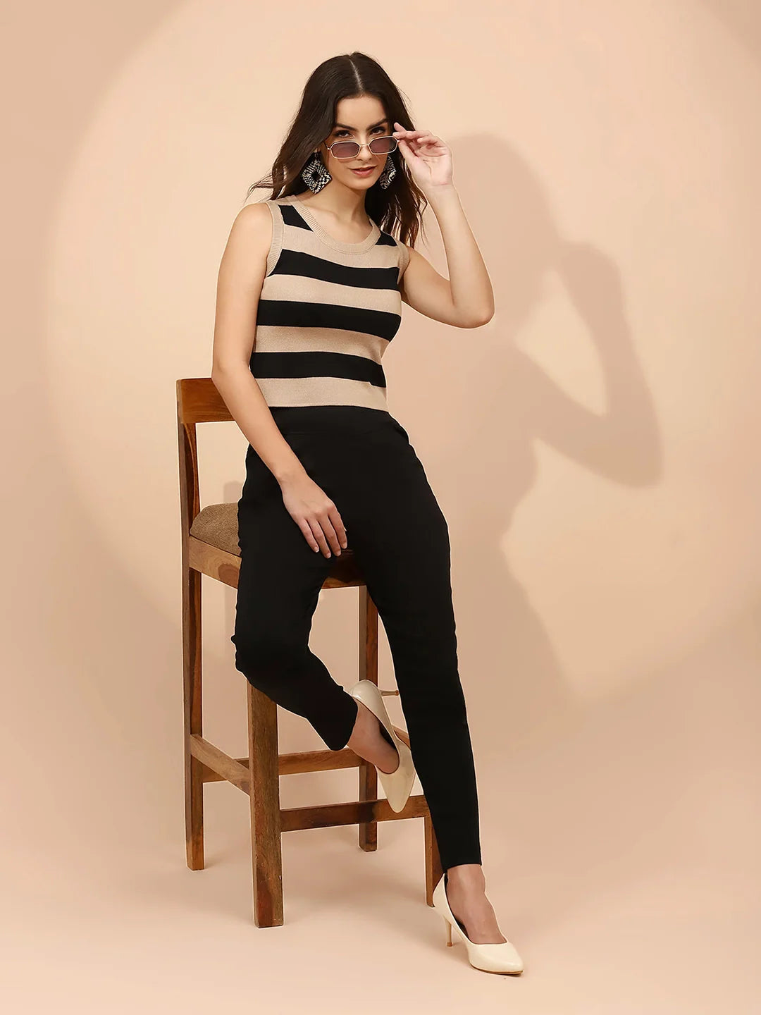 Black Viscose Slim Fit Striped Top