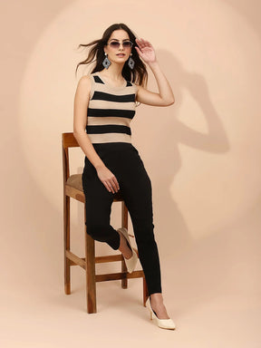 Black Viscose Slim Fit Striped Top