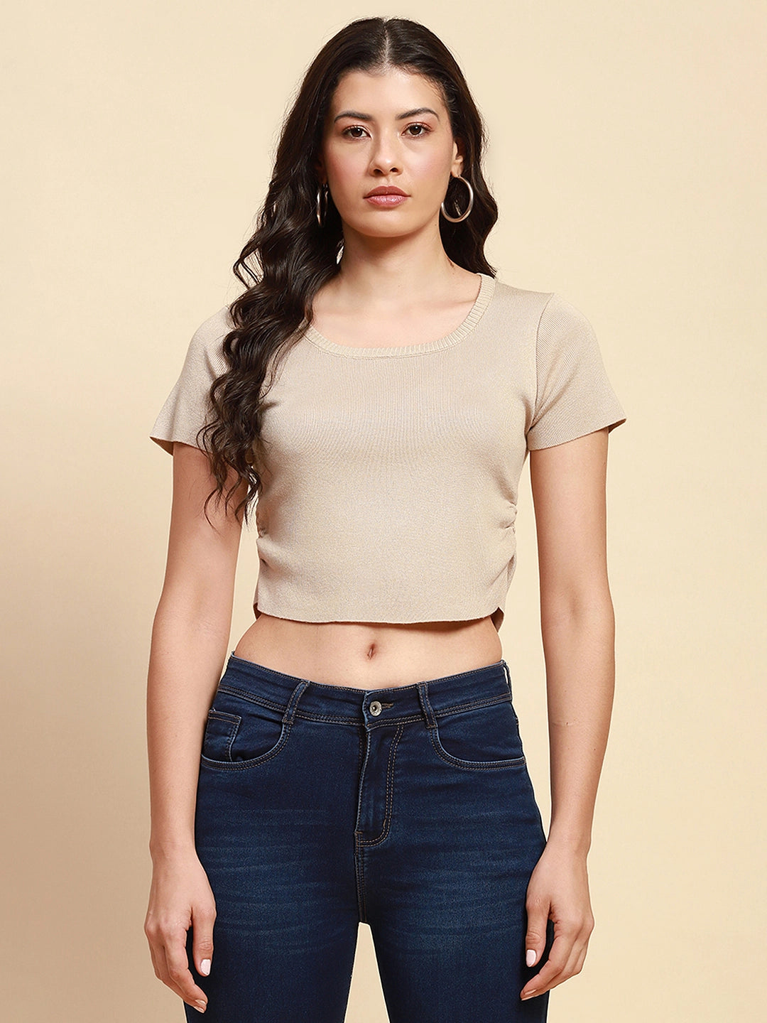 Beige Viscose Blend Slim Fit Crop Top For Women