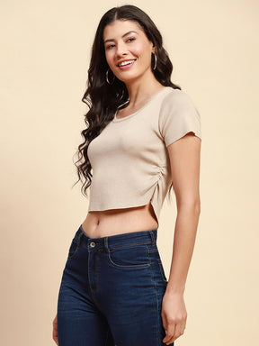 Beige Viscose Blend Slim Fit Crop Top For Women