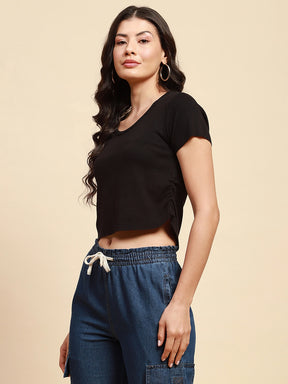 Black Viscose Blend Slim Fit Crop Top For Women