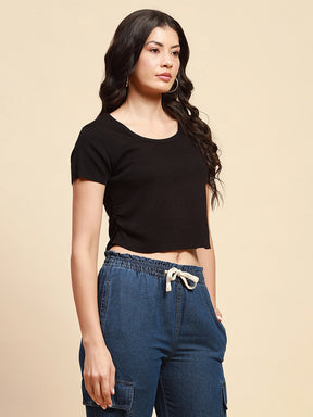 Black Viscose Blend Slim Fit Crop Top For Women