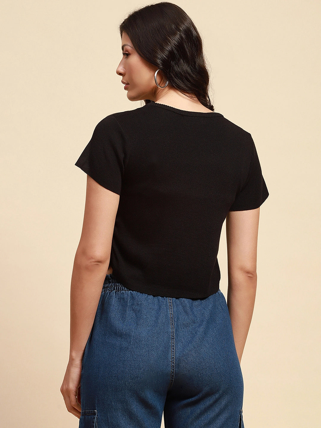 Black Viscose Blend Slim Fit Crop Top For Women