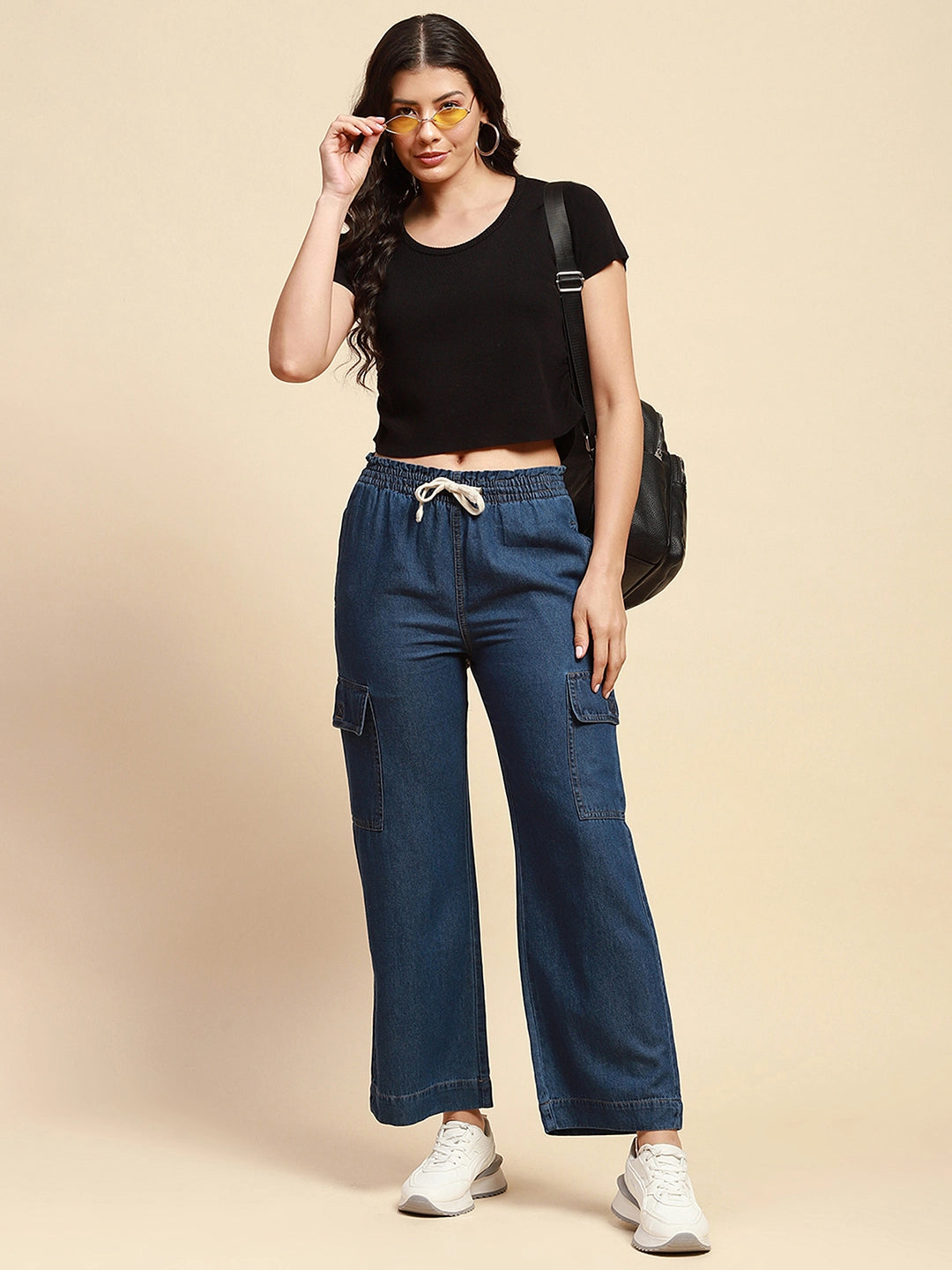 Black Viscose Blend Slim Fit Crop Top For Women