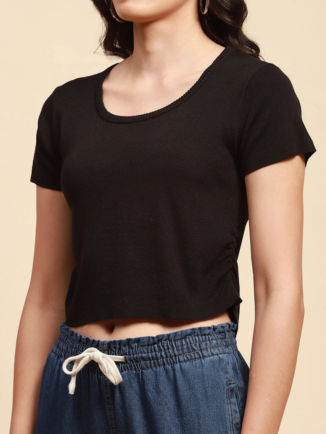 Black Viscose Blend Slim Fit Crop Top For Women