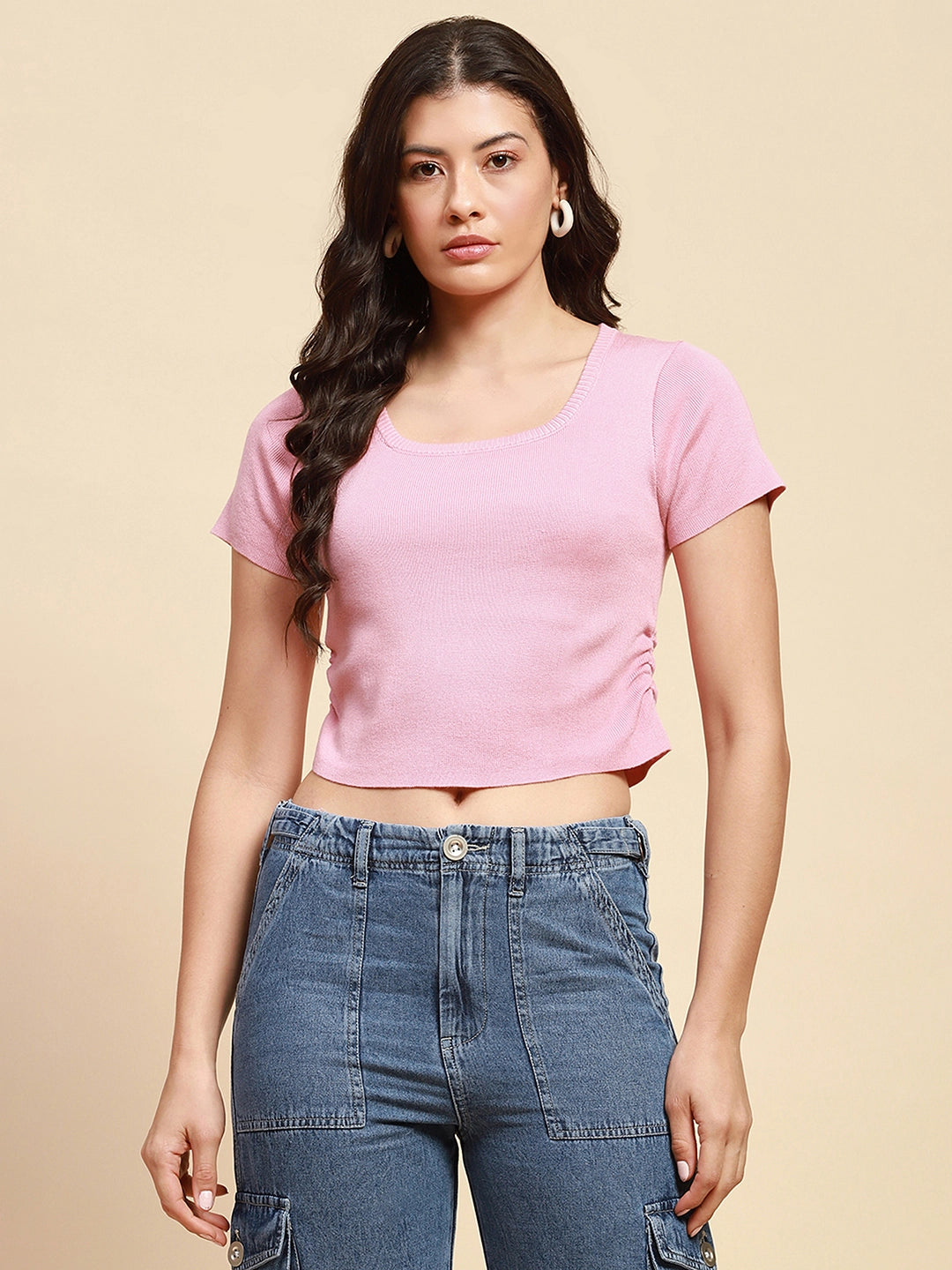 Blush Viscose Blend Slim Fit Crop Top For Women