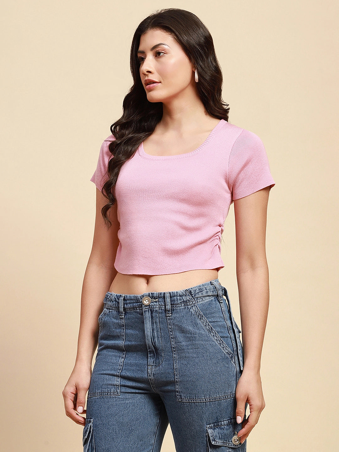 Blush Viscose Blend Slim Fit Crop Top For Women