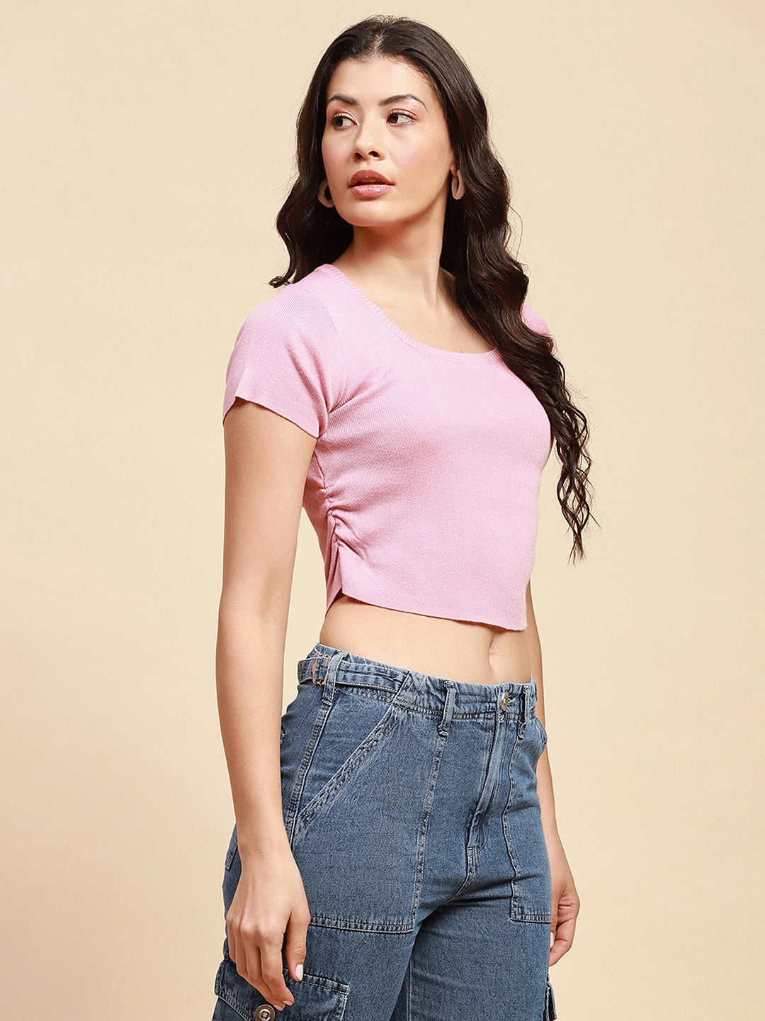 Blush Viscose Blend Slim Fit Crop Top For Women