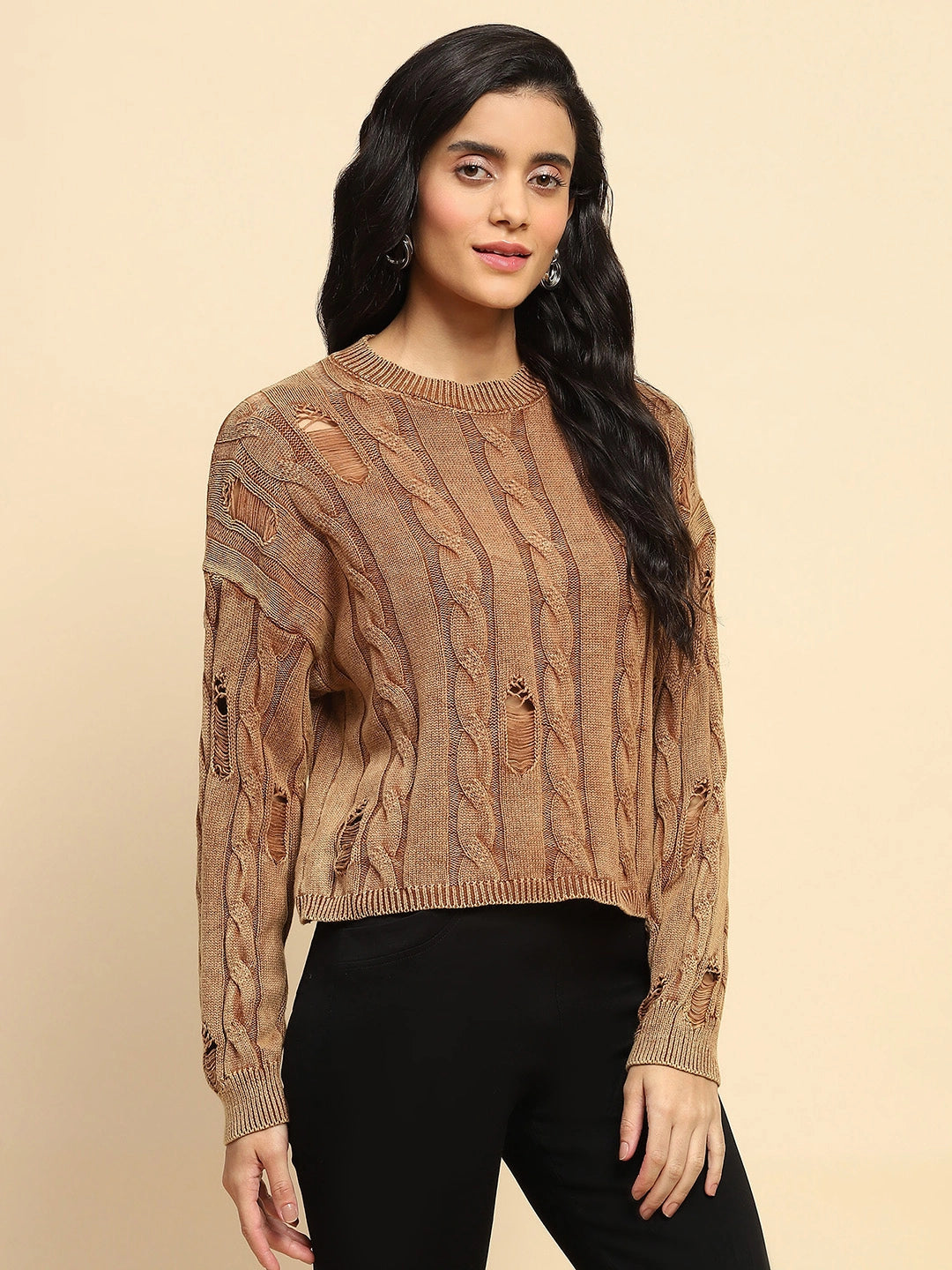 Brown Cotton Boxy Fit Top For Women