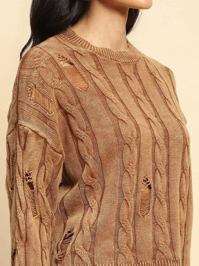 Brown Cotton Boxy Fit Pullover For Women