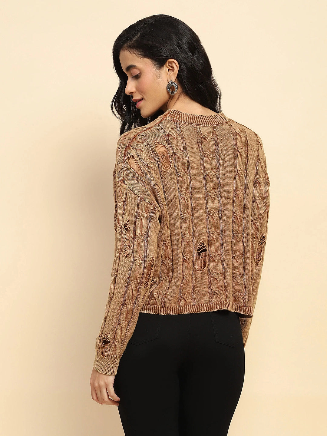 Brown Cotton Boxy Fit Pullover For Women