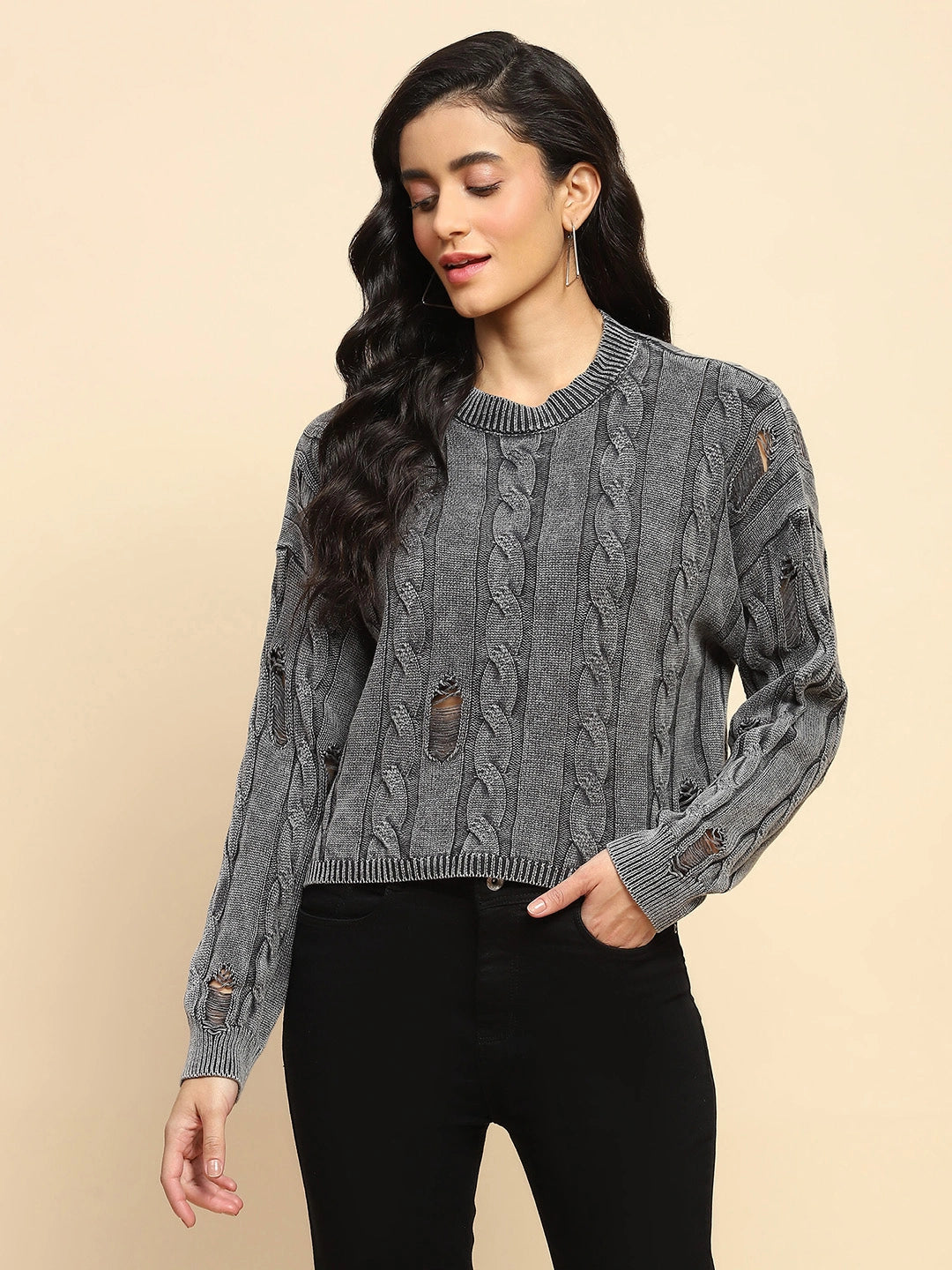 Grey Cotton Boxy Fit Pullover For Women